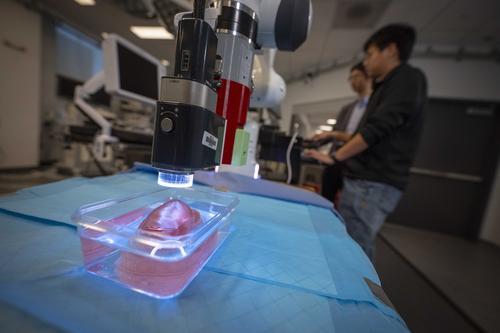 robotic arm holds optical camera above a 3d-printed kidney replica. In the background, a student and professor look at a computer screen