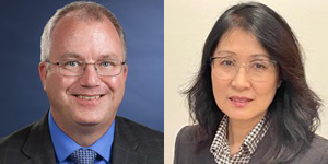 Two photos depict Doug Petkie and Rong Wang, who are working on a project funded by a seed grant.