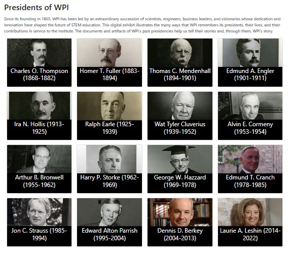 Thumbnail gallery of past WPI president's portraits