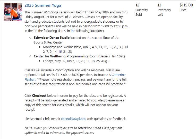 Screenshot of Summer 2025 Yoga sign up page on MyWPI website