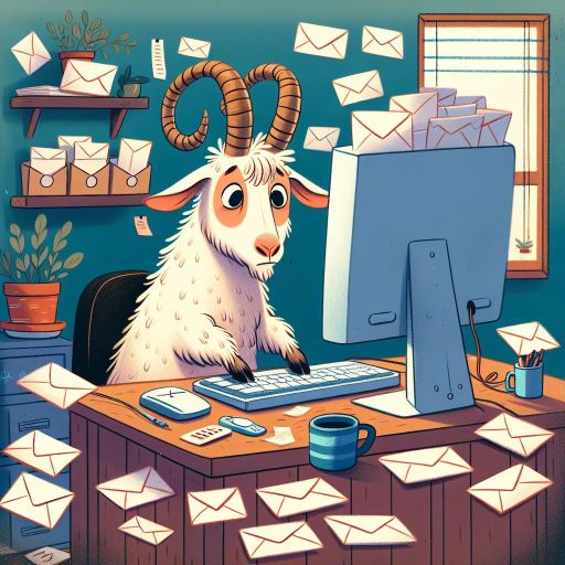 Goat working at computer overflowing with email