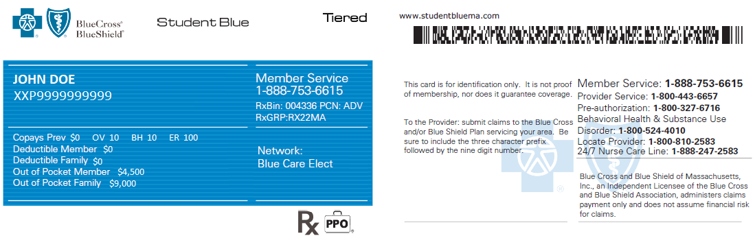 Student Health Insurance Plan sample insurance card.
