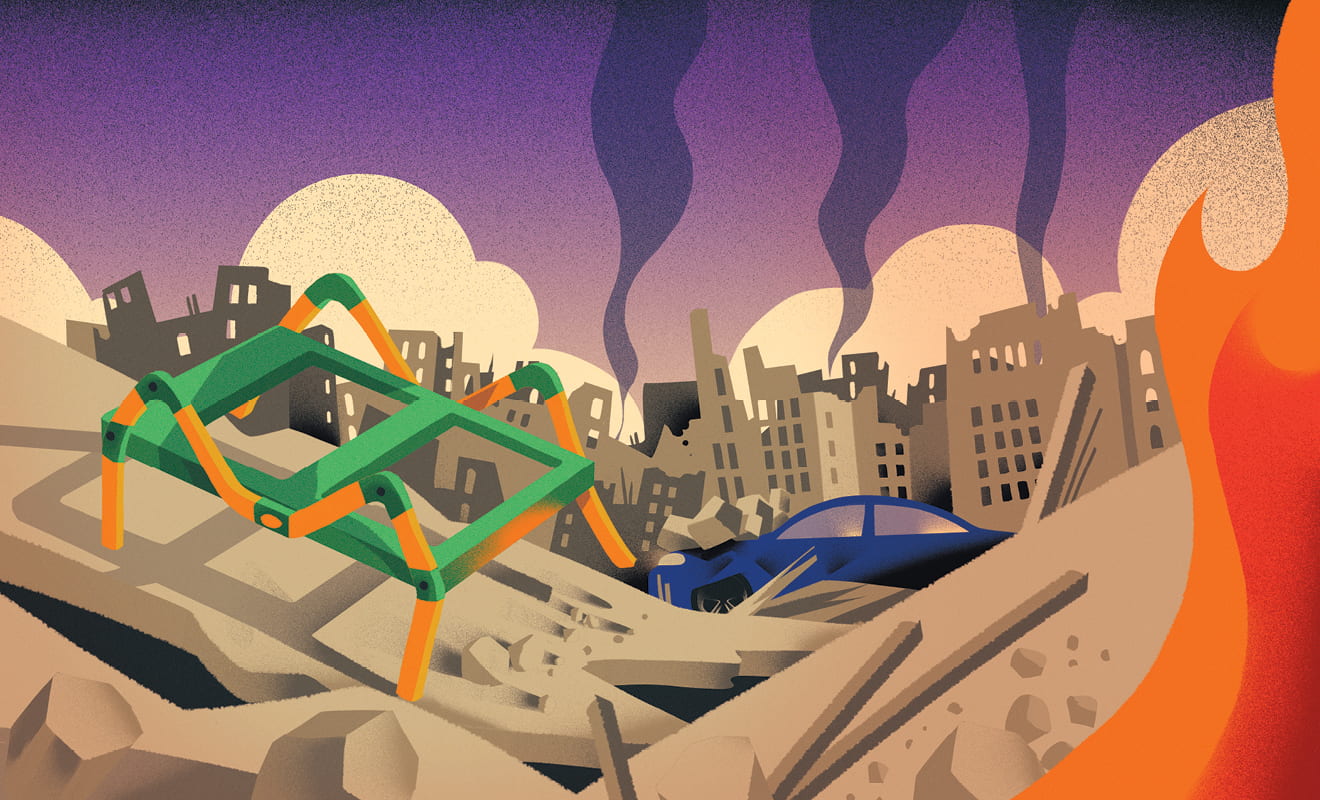Illustration of a flexible robot walking over a destroyed city