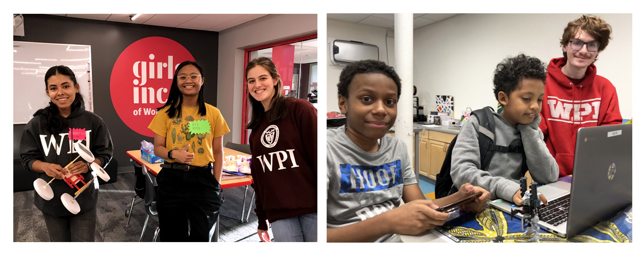 Students working together in STEM activities at a classroom and a community center. Smiling, engaged, and collaborating.