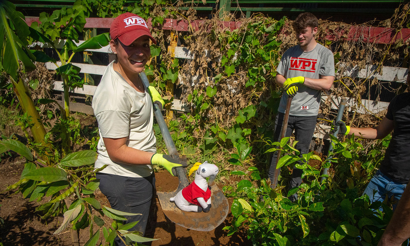 Students digging with one student holding a plush Gompei on a shovel