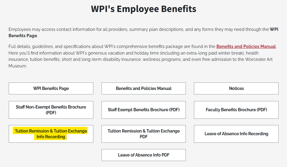 Screenshot of WPI webpage showing hyperlinks as text boxes