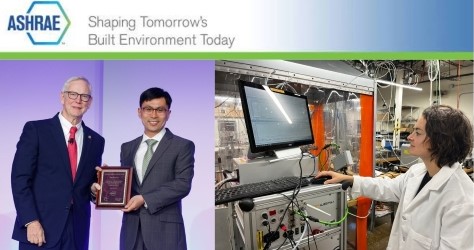 Professor presented with an award by man in suit; student in laboratory wearing white coat