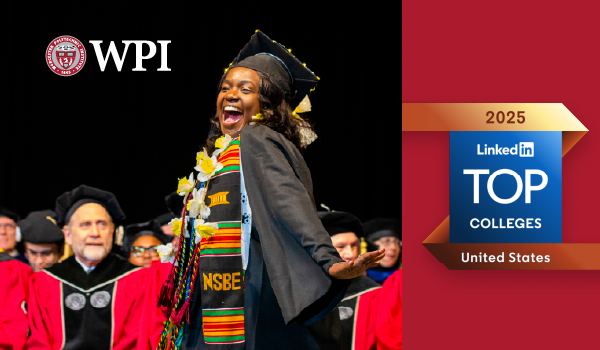 Image of joyful student on graduation stage next to a graphic of LinkedIn Top College award