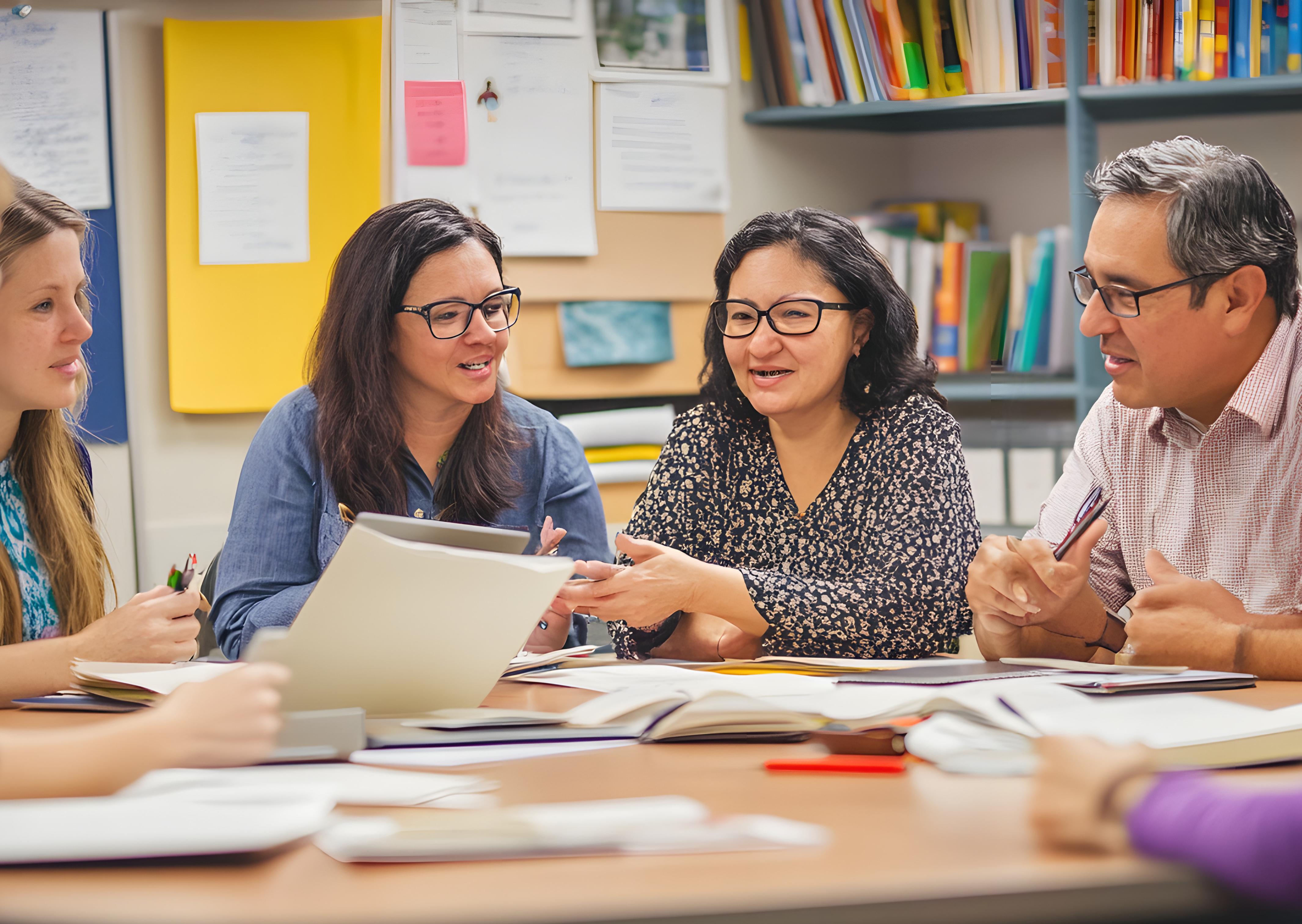 Group of 4 teachers at a table talking and working together.