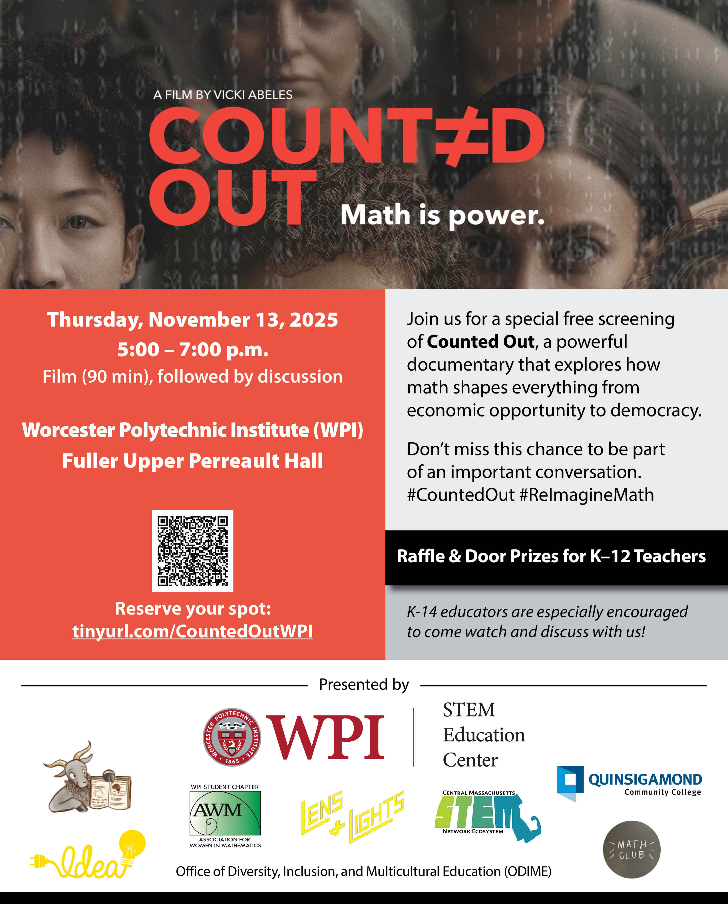 Flyer for Counted Out screening at WPI on Nov. 13, 2025, 5–7 p.m. free film, discussion, and teacher raffle.