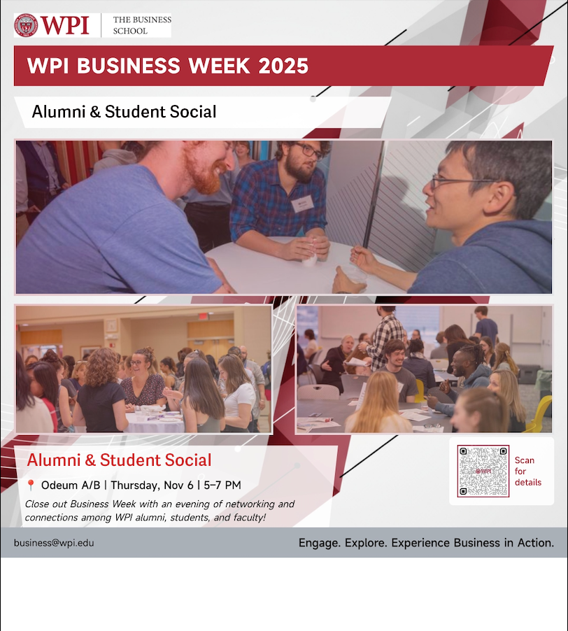 Flyer for WPI Business Week 2025: Alumni &amp; Student Social