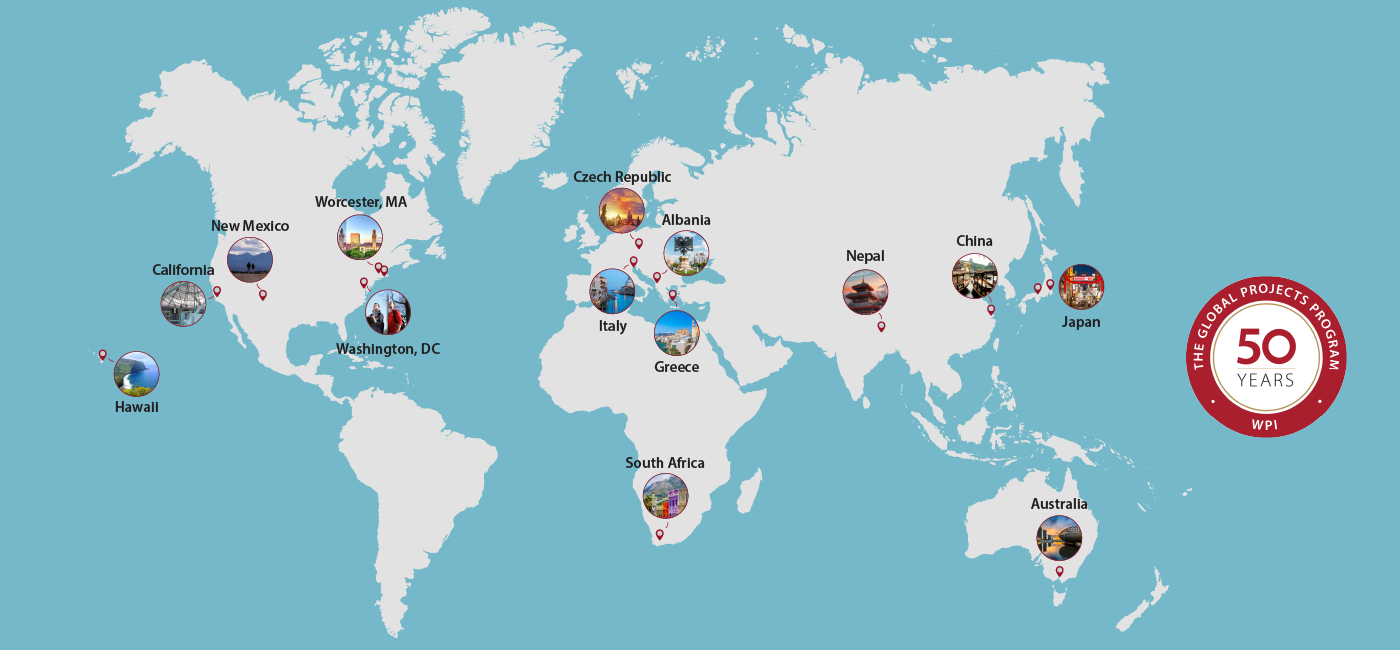 global map with small images and red dots depicting specific locations