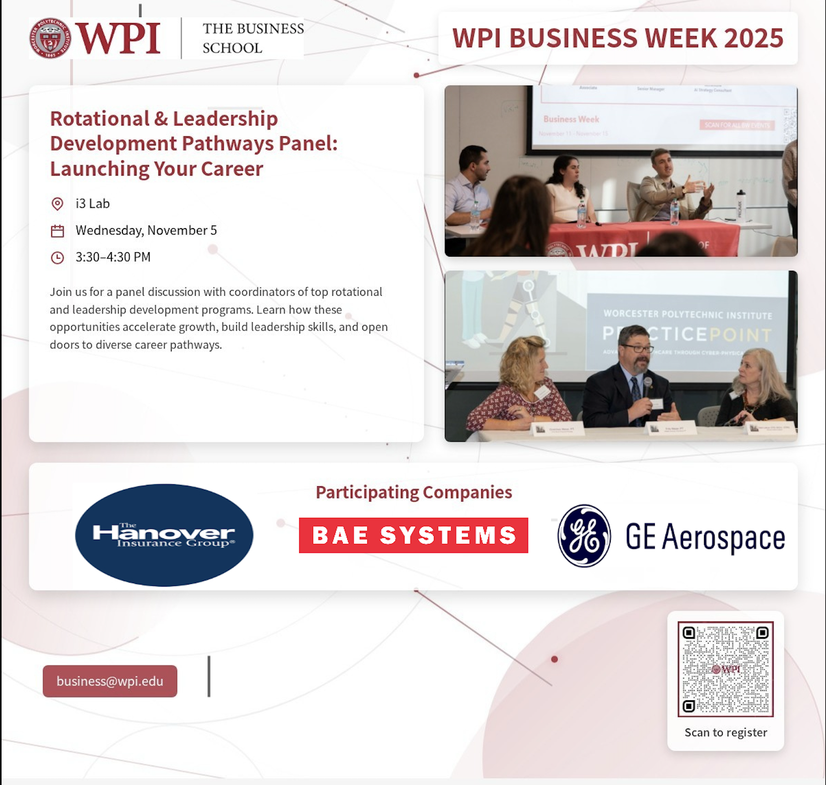Flyer for WPI Business Week 2025 Rotational &amp; Leadership Development Pathways Panel: Launching Your Career, November 5, 3:30–4:30 PM in i3 Lab.