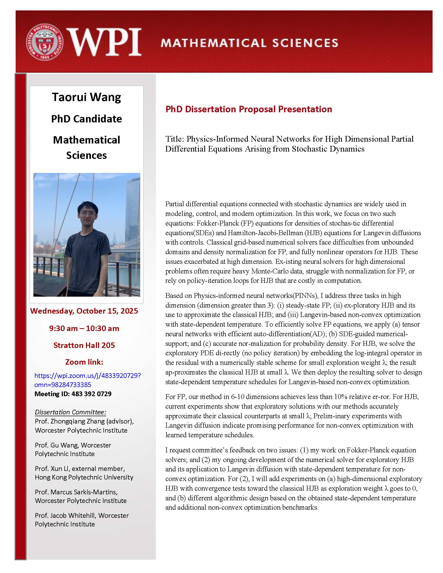 Flyer for Taorui Wang's dissertation proposal