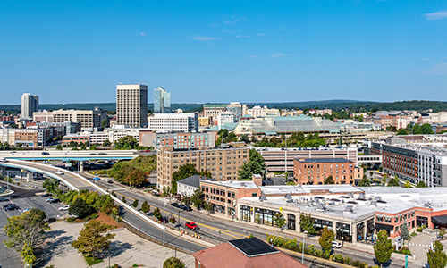 Overhead view of downtown city of Worcester