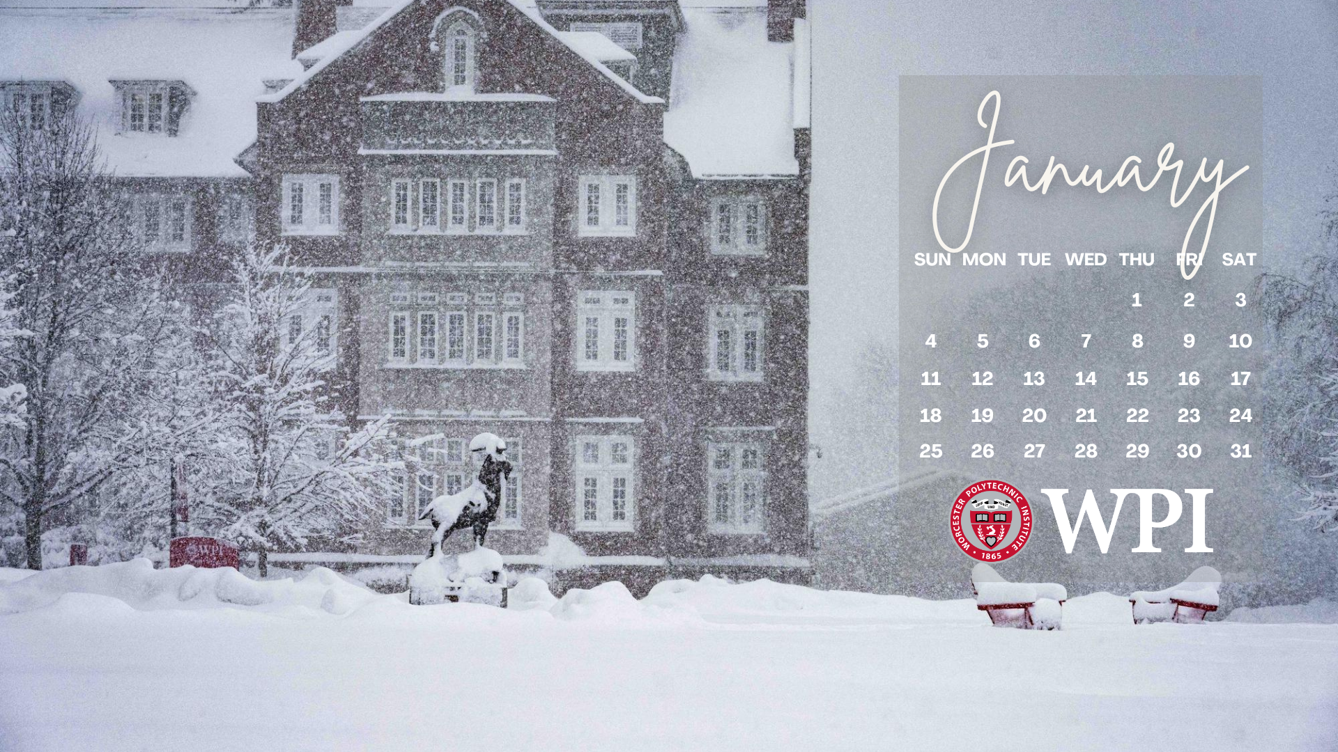 January 2026 Calendar - snowy campus scene