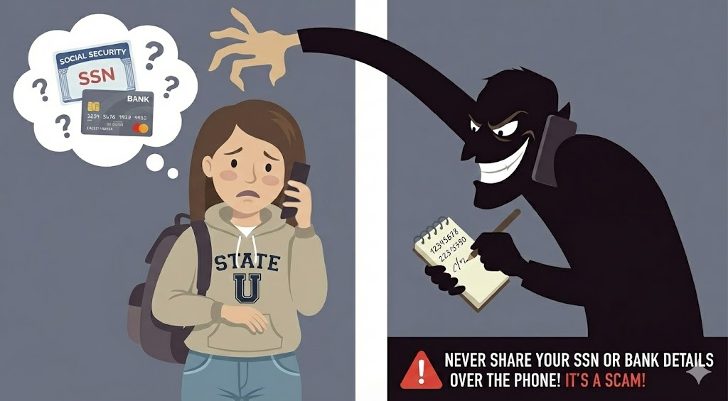 A worried college student has her phone to her ear. In the next panel a villain in the shadows looks like he is about to pluck important information out of her head.