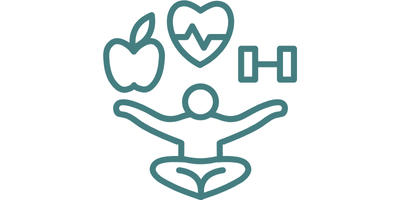 person icon with apple, heart and weight indicating well-being