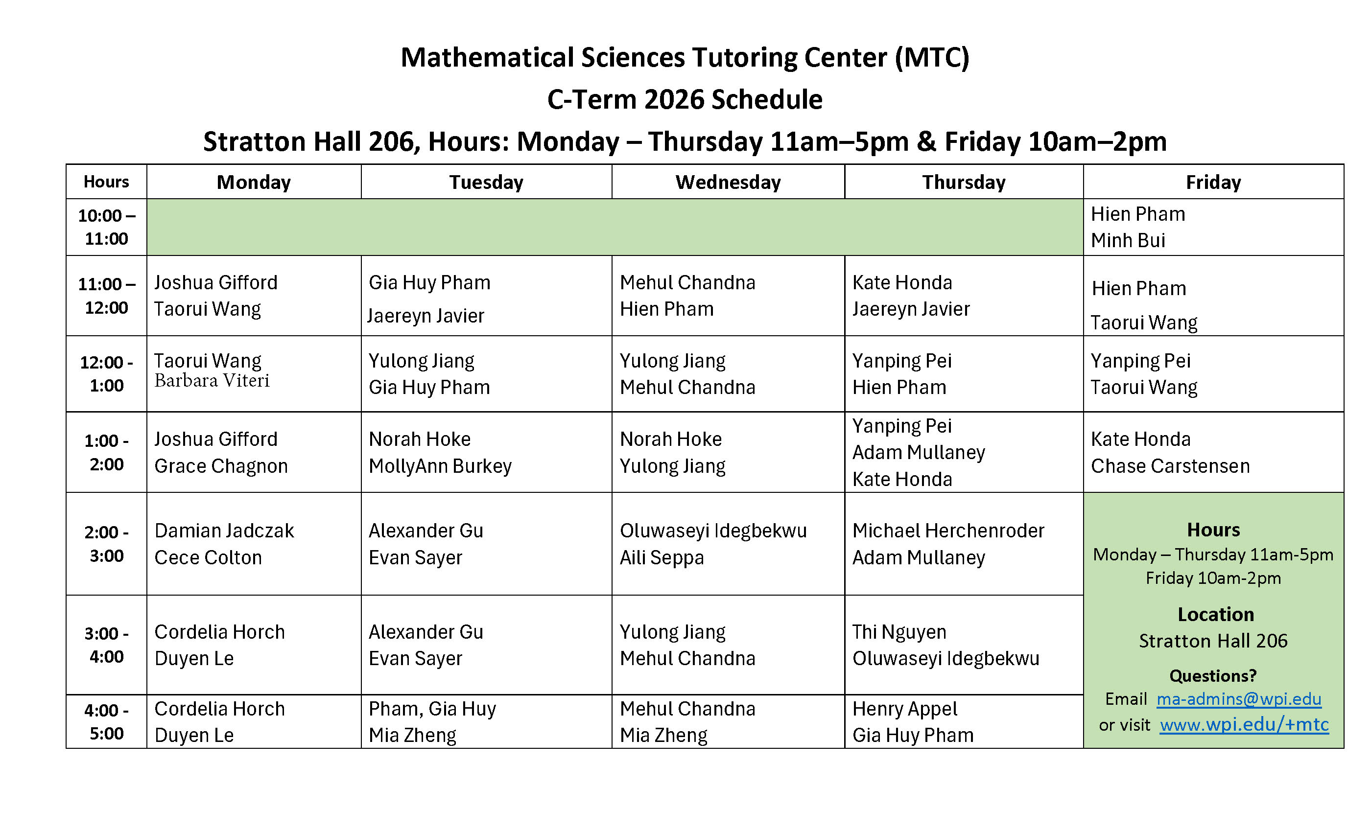 mtc schedule