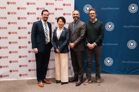 L-R Sean Brennan, AIACM; WPI President Grace Wang; City Manager Eric Batista; Steven Van Dessel, WPI Architectural Engineering program director.