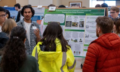 student explains undergraduate research poster to onlookers