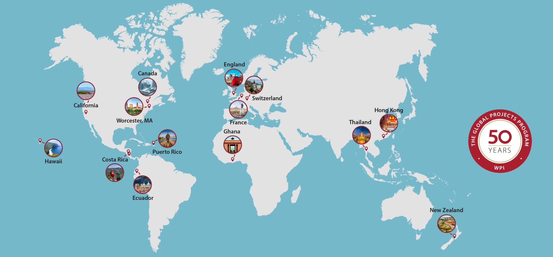 graphic map of the world with pins and small round pictures to represent specific project center sites