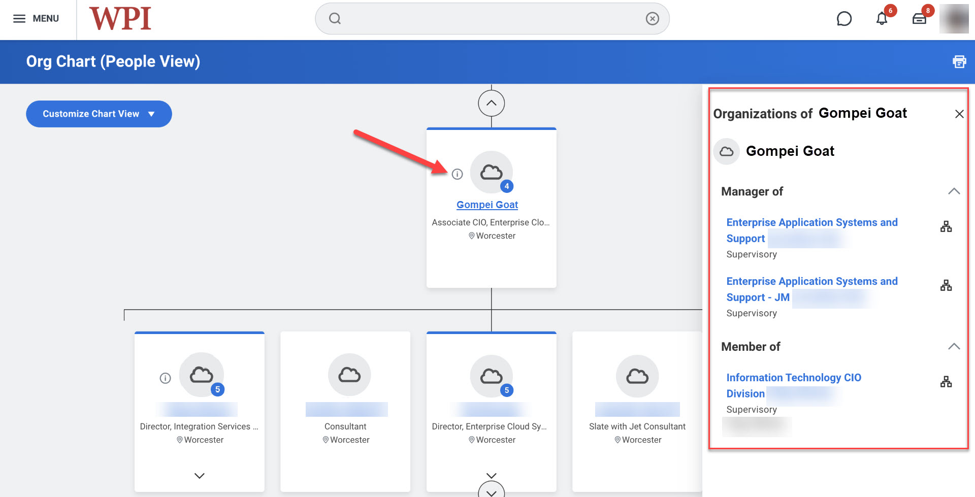 Screenshot of Workday Org Chart with a red arrow pointing to an icon with a lowercase i and a circle around it. On the right is a pop up box with the details of the teams the employee manages and is a member of.