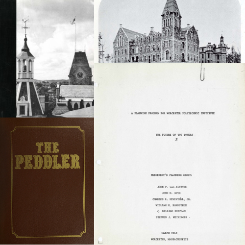 Collage of the cover 2 books - Two Towers and The Peddler yearbook, next to an image of Boynton Hall at WPI, and the cover page of part 1 of The Future of Two Towers manuscript