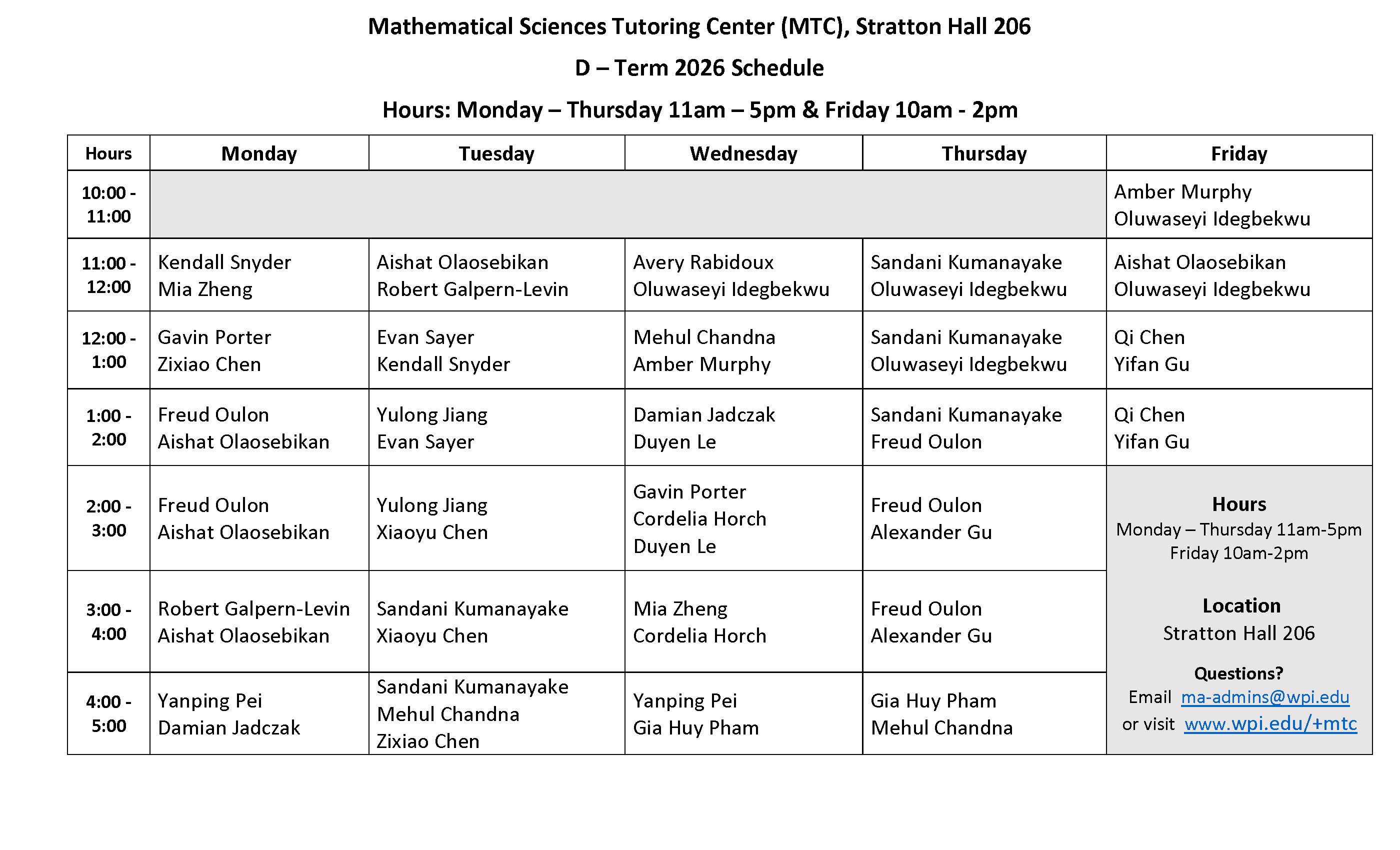 mtc schedule