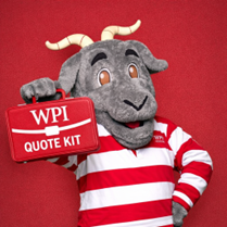 Picture of Gompei holding a box labeled WPI Quote Kit