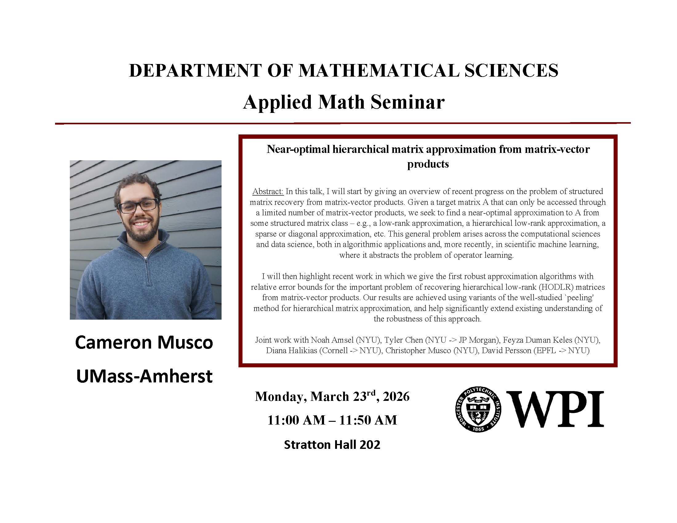 Department of Mathematical Sciences Applied Math Seminar: Cameron Musco ...