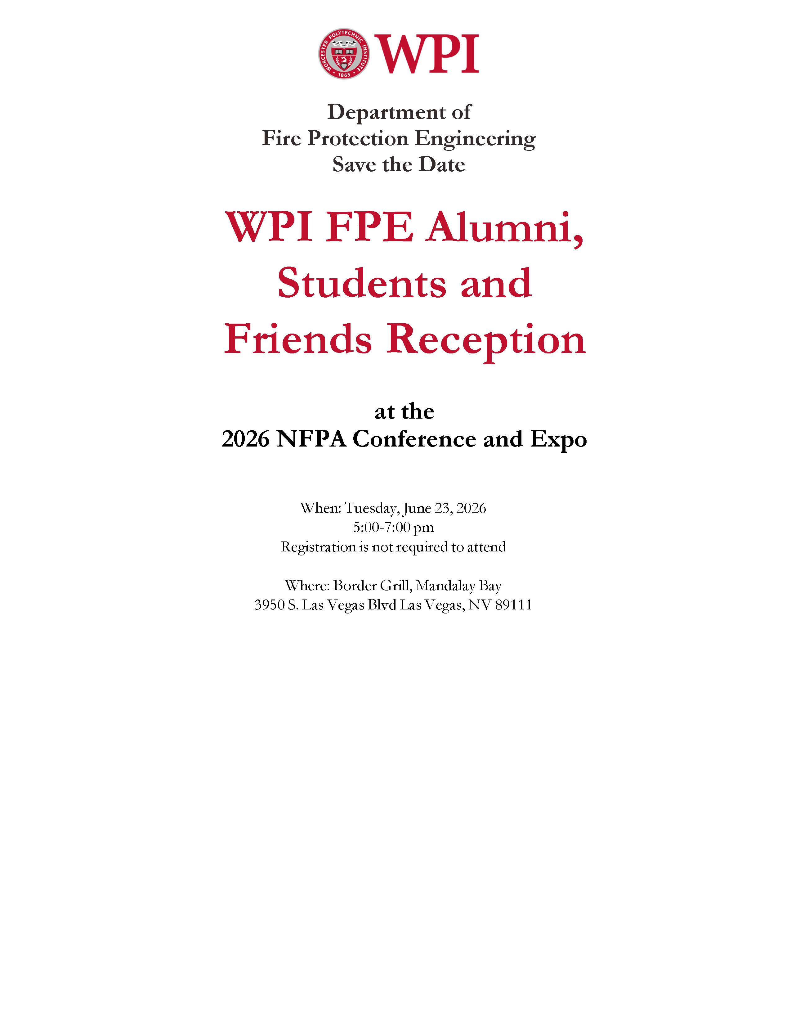 WPI FPE Alumni, Students and Friends Reception at the 2026 NFPA Conference and Expo