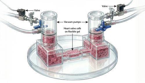 An AI-generated illustration shows a machine that pushes and pulls cells on a gel to mimic the mechanical forces on heart valves.