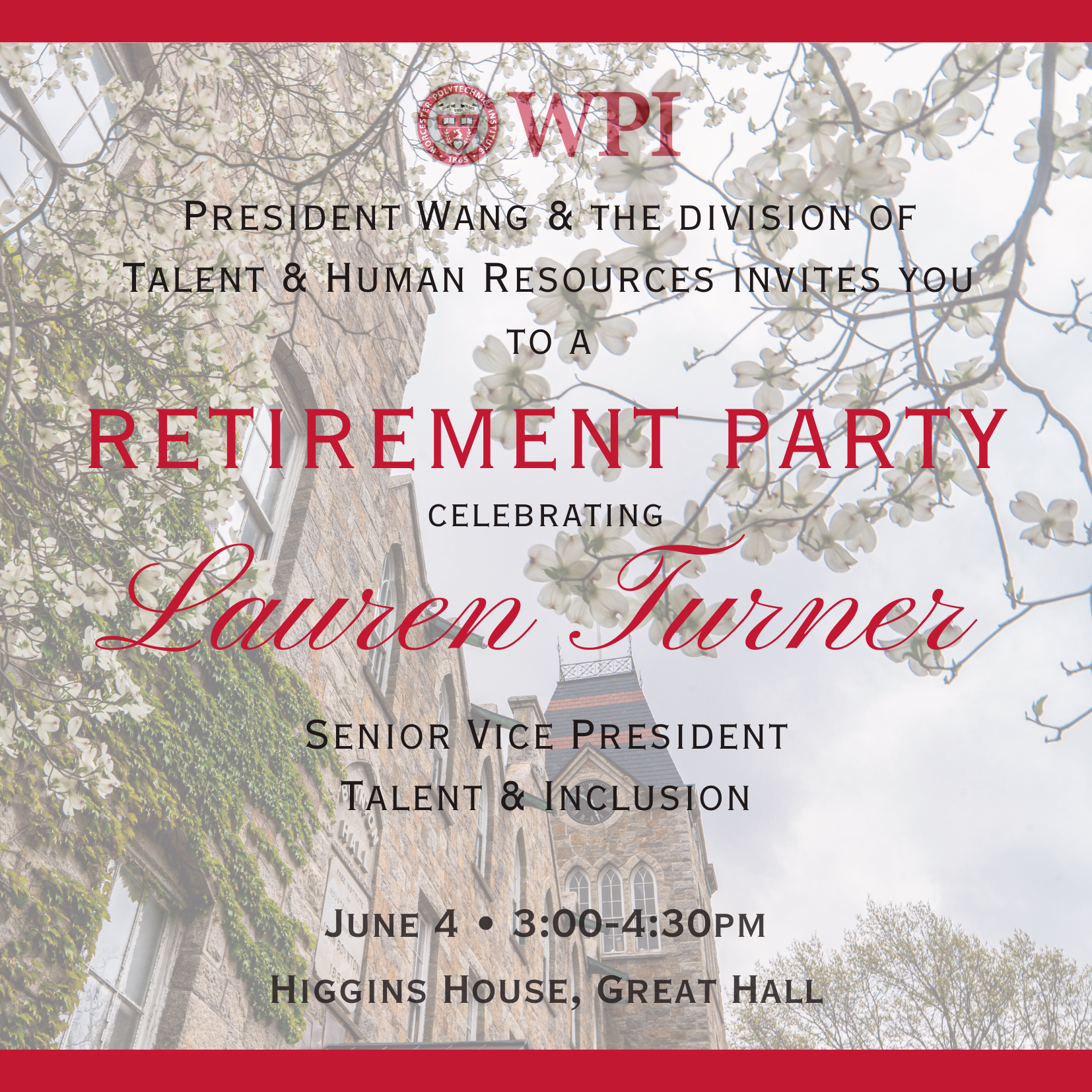 Invitation with Boynton Hall spring image for a retirement reception for Senior Vice President, Lauren Turner
