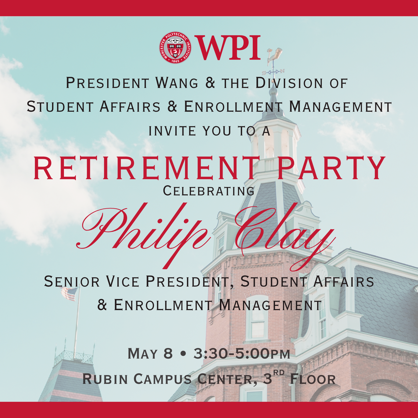 Invitation with 2 towers image to a retirement reception for Senior Vice President, Philip Clay