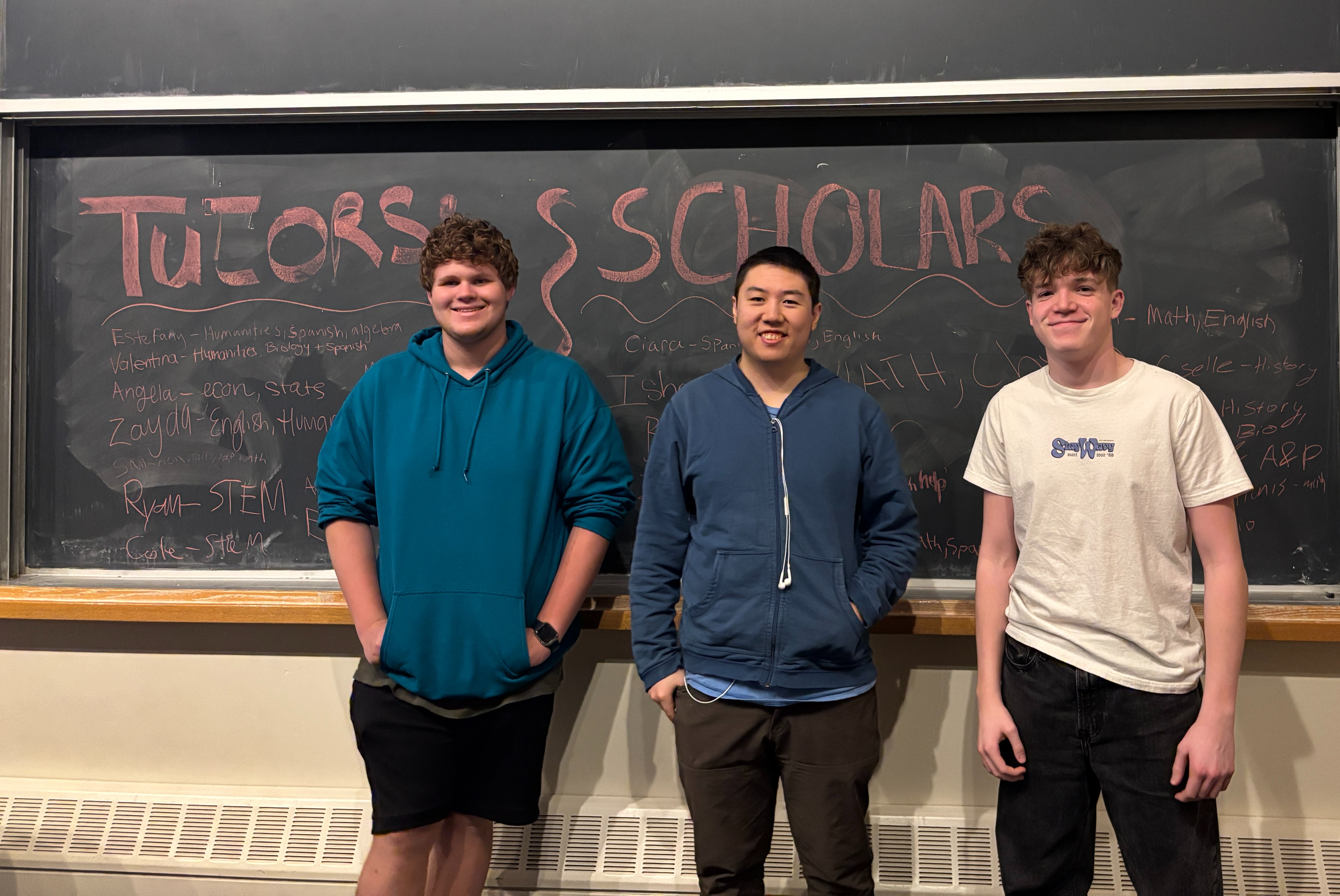 (L) Cole Solomon, (M) Ryan Shi, &amp; (R) Elijah Chaimovitch tutoring and mentoring high school students at Upward Bound at Clark University