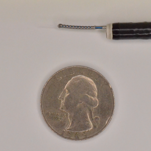 An optical fiber is shown next to a US quarter for scale.