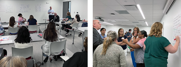 Participants in a classroom listen to a presenter and work together at a whiteboard, writing and discussing notes during a group activity.