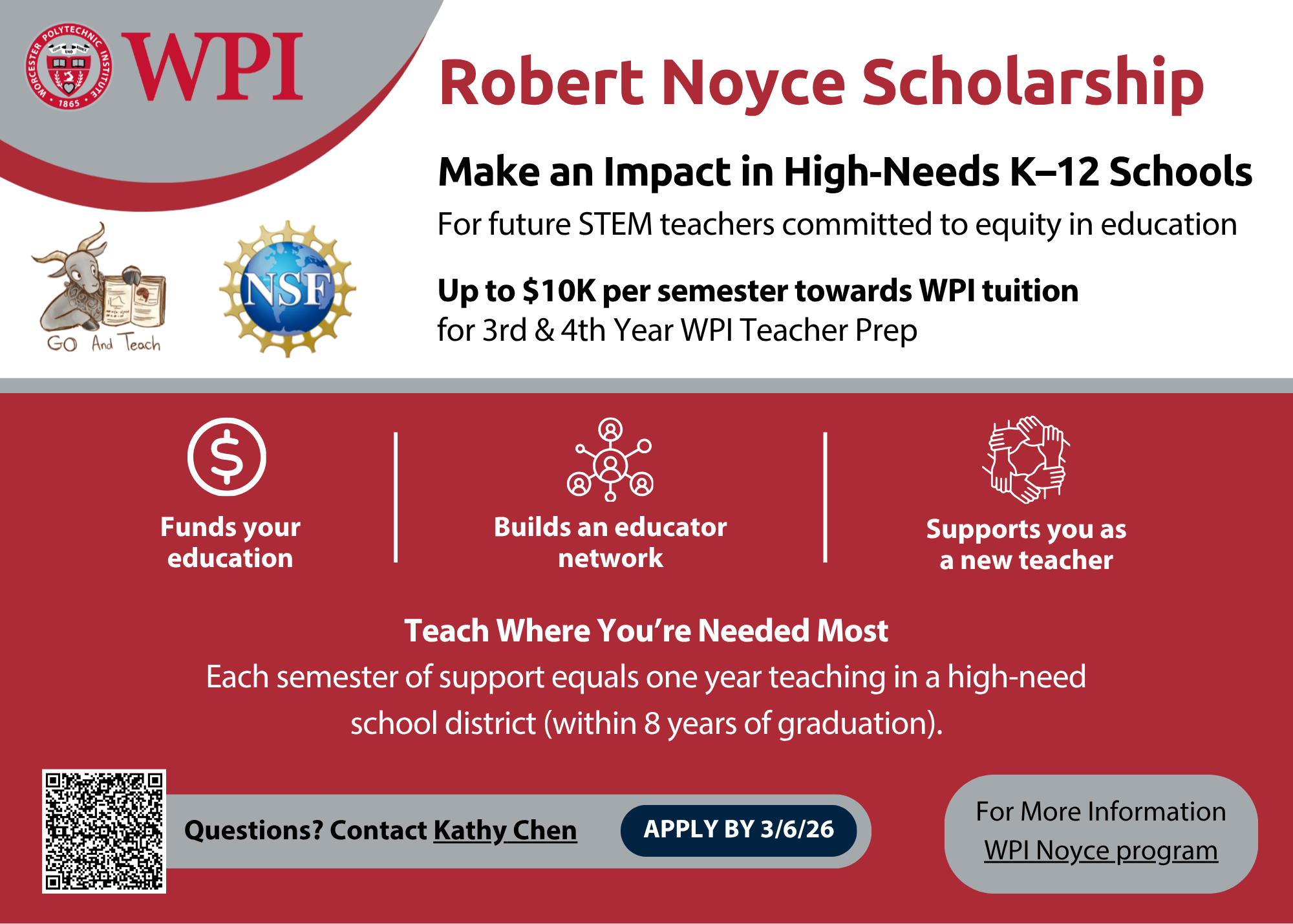 WPI Robert Noyce Scholarship offering up to $10,000 per semester for Teacher Prep students who commit to teaching in high-needs K–12 schools after graduation. Apply by March 6, 2026.
