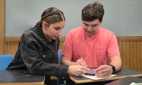 WPI Teacher Prep Student working with a High School Student on a project