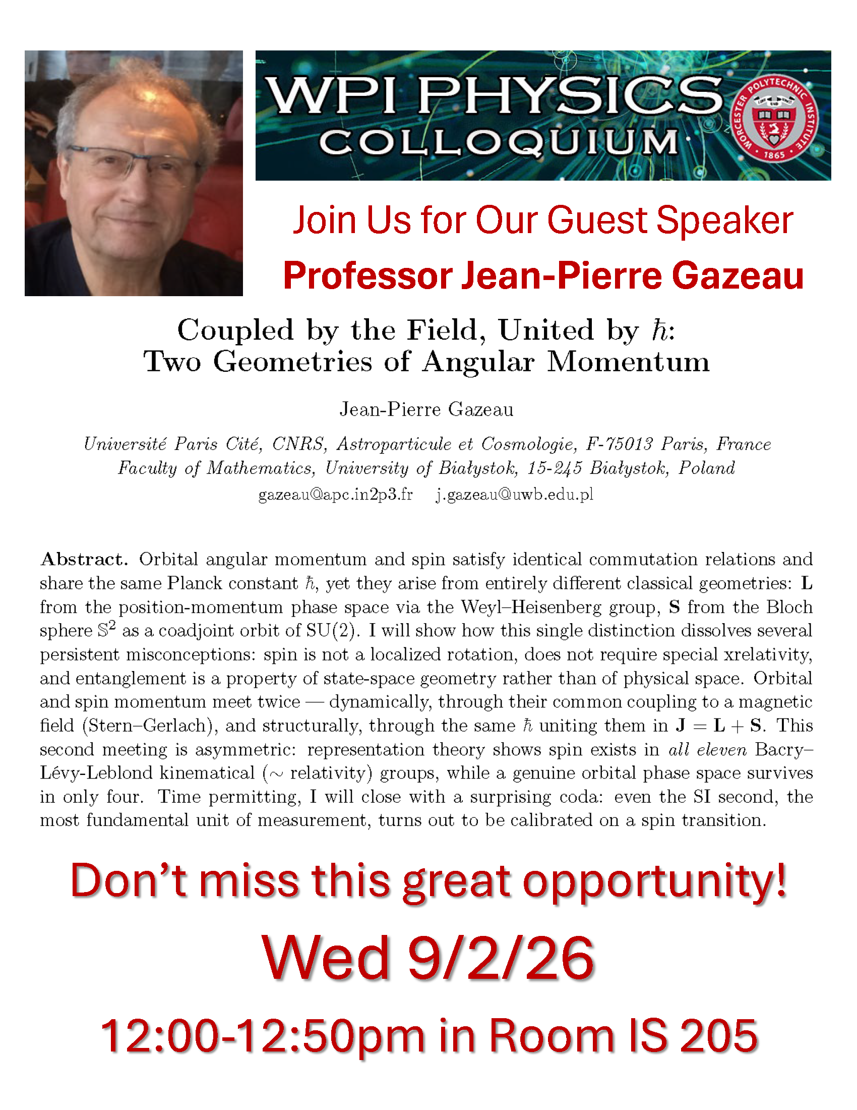 WPI Physics Guest Speaker Prof Jean-Pierre Gazeau