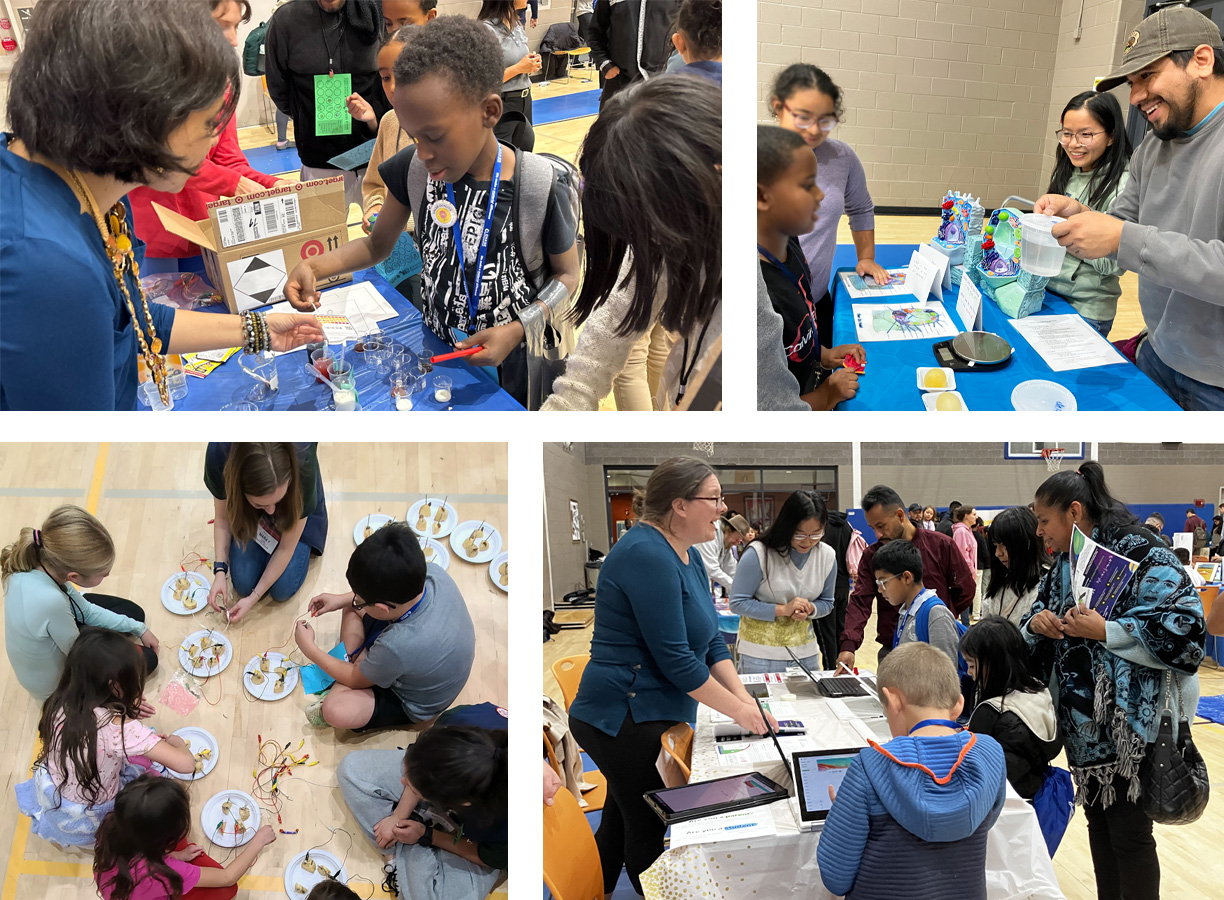 Children, families, and educators participate in hands-on STEM activities and interact with educational exhibits during a community STEM learning event.