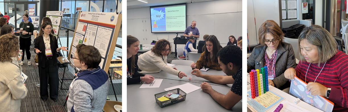 Participants engage in professional learning activities, including poster presentations, collaborative workshops, and hands-on exploration of STEM education resources and teaching tools.