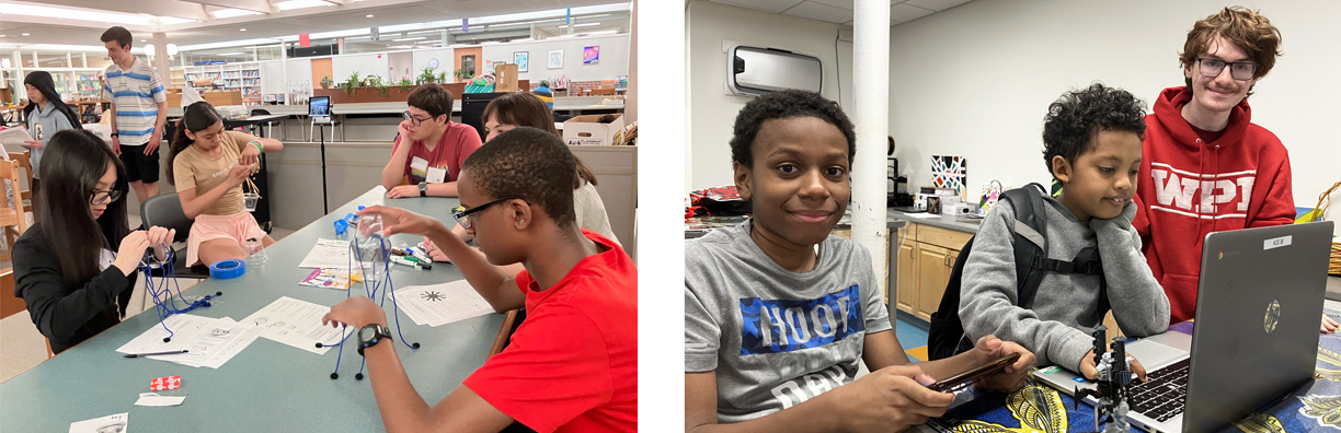 Students engage in hands-on STEM activities, including model building and educational robotics, while collaborating in classroom and library learning environments.