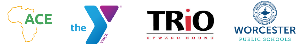 Logos of community partner organizations: ACE Africa, the YMCA, TRIO Upward Bound, and Worcester Public Schools.