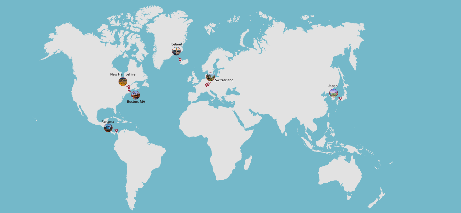 a map graphic of the world highlighting some global project center locations