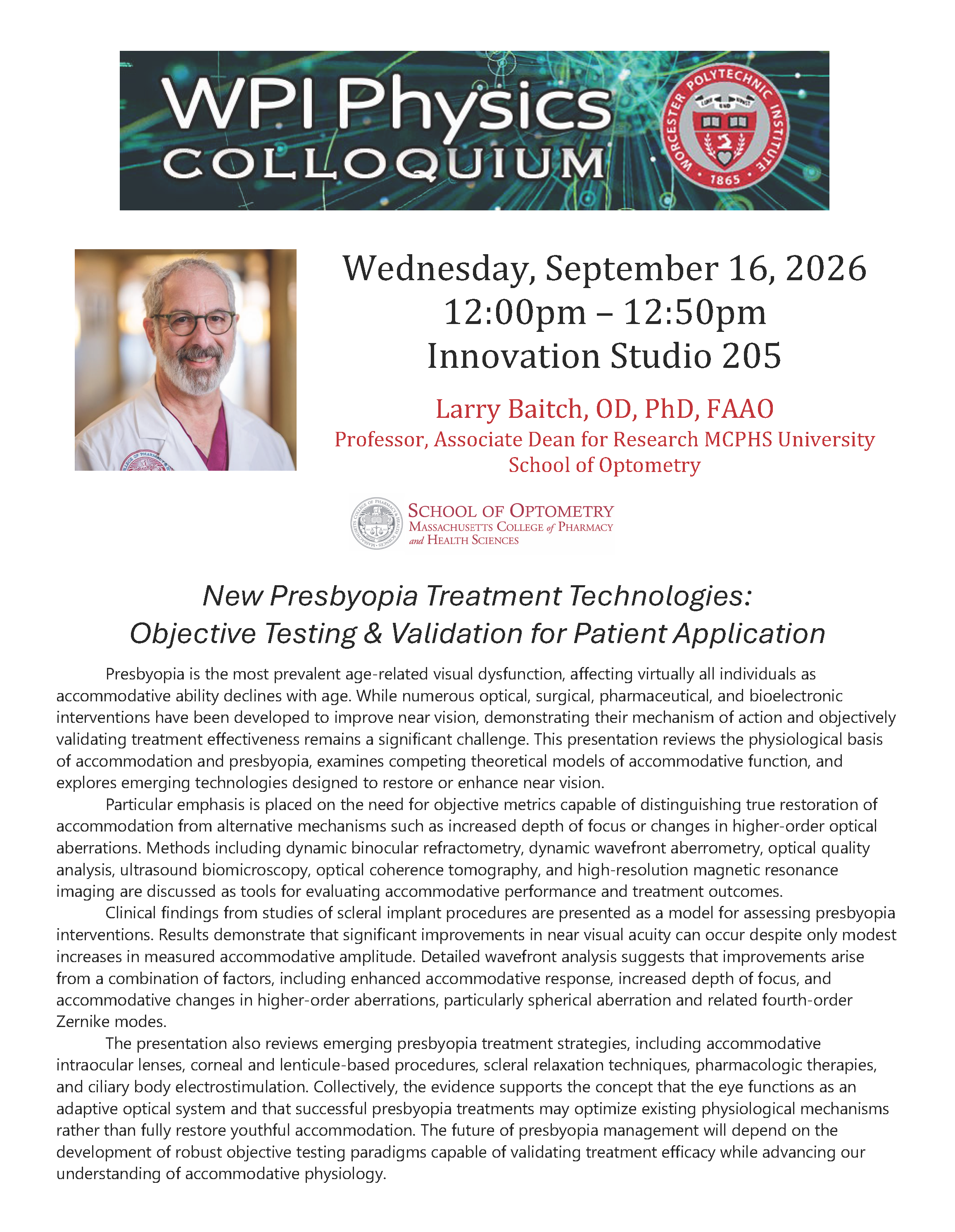Physics Colloquium - Larry Baitch, Od, PhD, FAA)