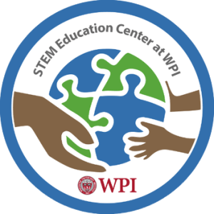 Image of two hands holding a globe made of 4 puzzle pieces with the words, STEM Education Center at WPI written above