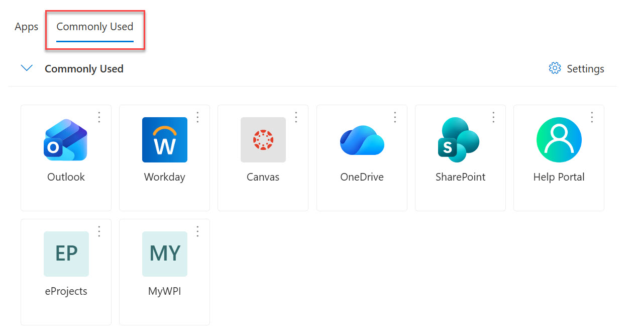 Screenshot of the Commonly Used section of myapps.microsoft.com. It includes Outlook, Workday, Canvas, OneDrive, SharePoint, Help Portal, eProjects, and MyWPI.