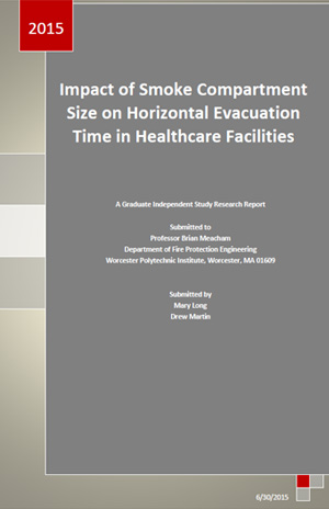 Book cover that reads Impact of Smoke Compartment Size on Horizontal Evacuation Time in Healthcare Facilities